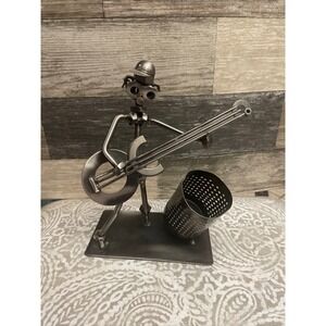 Metal Art Guitarist Pen Holder Unique Handmade Sculpture Desk Steampunk